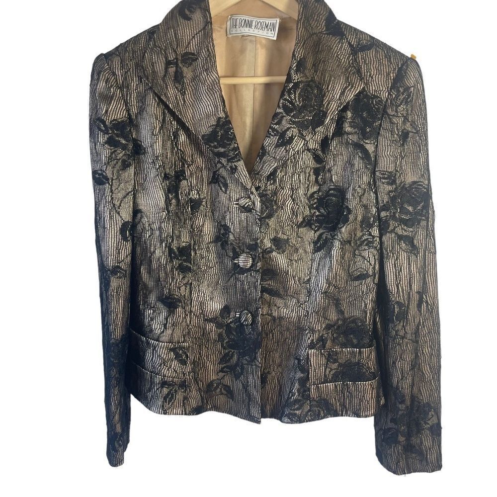 The Bonnie Roseman Silk Collection Cream Silk W/ Black Lace Overlay Blazer Sz L